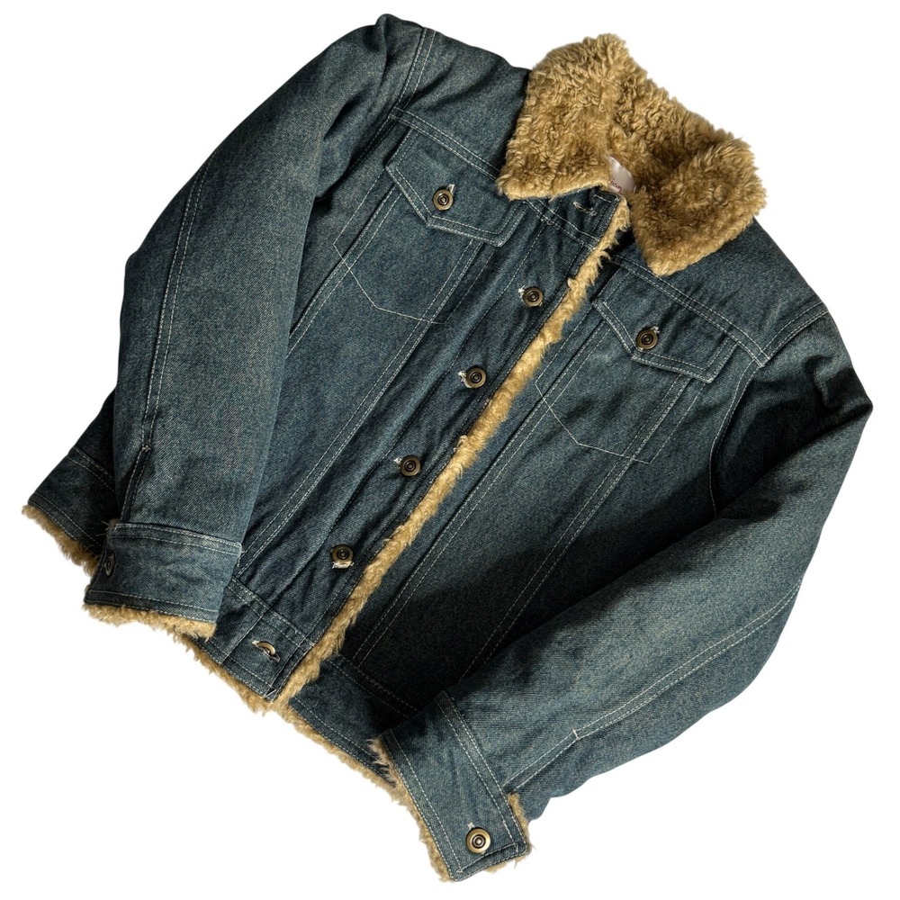 VTG Xhilaration Denim Trucker Jacket Faux Fur Sherpa Collar Down Fill Size Large